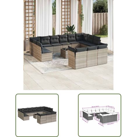 vidaXL 14-tlg. Garten-Sofagarnitur mit Kissen Hellgrau Poly Rattan