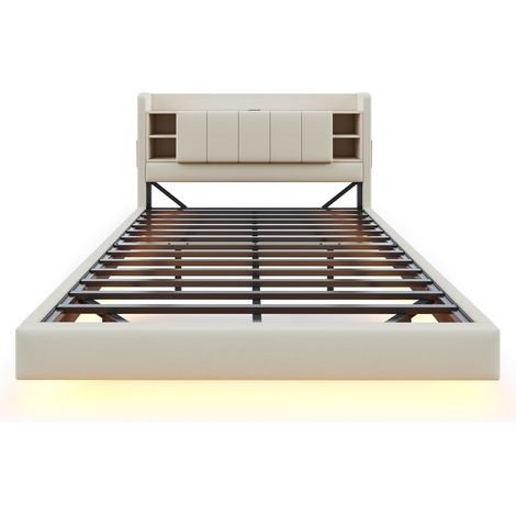 Lit rembourré 140x200 cm, LED sous lit, USB, tête de lit à compartiments rabattables, lin, beige (1/5)