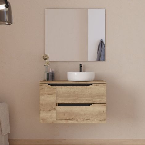 Meuble de salle de bain 80cm avec plateau, vasque à poser déportée à droite Ares et miroir - 2 tiroirs et un placard - madera miel (bois clair) - ZARZA