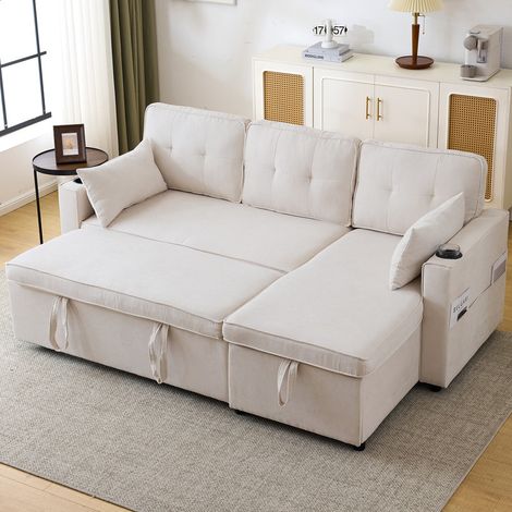 3-in-1 Convertible Sofa Bed with Internal Storage Chaise, L Shaped Sleeper Sofa Couches with Cup Holders, Pillows and Storage Pocket. Pullout Sectional Daybed for Living Room/Bedroom/Office, Beige (1/5)