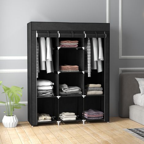 Armadio pieghevole in tessuto, guardaroba portatile con 8 ripiani e 2 aste appendiabiti per camera da letto, 125x43x162,5 cm, nero