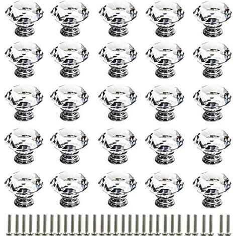 25 pièces Poignée de porte en cristal, 30MM Poignée de tiroir diamant, Poignées de porte en cristal pour maison cuisine bureau coffre armoire tiroir (avec 25 vis)