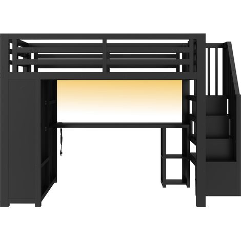 Litera alta gaming de metal 140x200 cm negra con escritorio, LED y almacenaje MODENUIT (1/5)