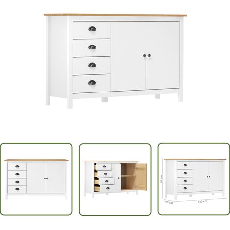 The Living Store Buffet Hill Blanc 130x40x80 cm Bois de pin solide - Buffet En Bois - Meuble De Rangement - Commode - Armoire Blanche - Mobilier Moderne (1/4)