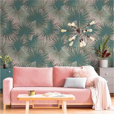Photo wallpaper wall Profhome 391844 hot embossed non-woven wallpaper smooth with jungle elements matt green teal pink 1,59 m x 2,8 m (1/5)