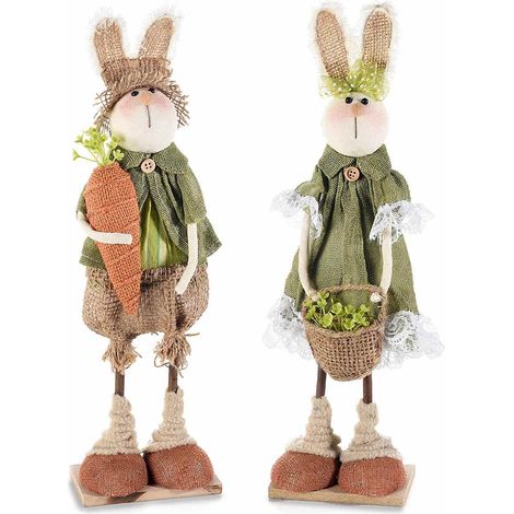 Conigli Pasquali con Abito in Juta Set da 2 Decorazioni Artigianali per Casa e Negozi (1/2)