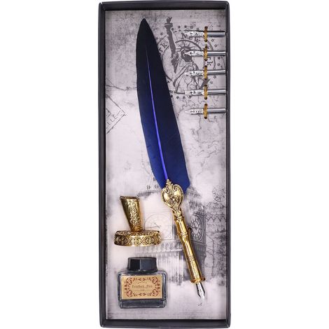 Plume à Encre Style Vintage Élégante en Acier Inoxydable, Écriture Fluide et Durable, Stylo Plume Bleu