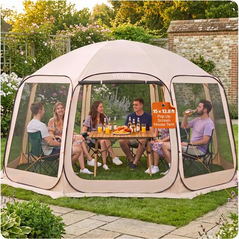 Tente Moustiquaire Pop Up 450x425x245 cm Abri Moustiquaire Pliant 12-15 Personnes Tente Portable pour Jardin Terrasse Cour Activités Plein Air, avec Sac de Transport, Piquets de Fixation, Beige (1/5)