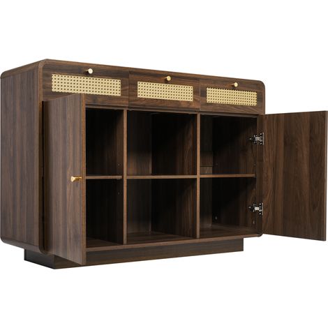Buffet 120 cm en noyer avec 3 tiroirs, 2 armoires et étagère ouverte, étagères réglables, poignées dorées (1/5)