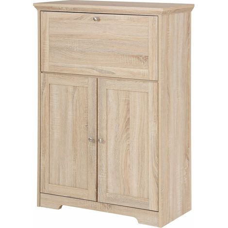 Secrétaire en chêne 3 portes – Bureau abattant avec compartiments de rangement – Meuble FSC® pour salon ou chambre à coucher (1/5)