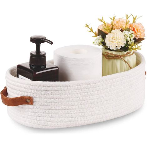 Cestino porta carta igienica in tessuto bianco stile country (33x15x10 cm), contenitore organizer da appoggio per il bagno. (1/4)