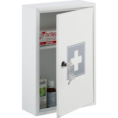 Relaxdays Medicine Cabinet, Lockable, 2 Compartments, HWD: 32 x 21.5 x 8 cm, Wall Mounted, First Aid, Metal, White/Grey