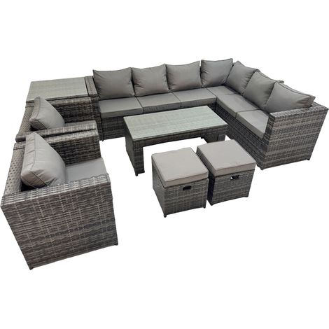 Fimous Outdoor Rattan Oblong Coffee Table Corner Sofa Sets Garden Furniture Set with 2 Chairs 2 Small Stools Side Table Dark Grey Mixed (1/5)
