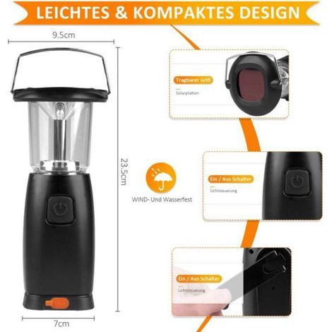 Lampe camping solaire LED rechargeable 3 modes manivelle (1/5)