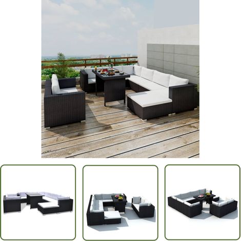 The Living Store 10-tlg. Garten-Lounge-Set mit Auflagen Poly Rattan Schwarz - Gartensitzgarnitur - Loungesessel - Rattan Gartenmöbel - Outdoor Möbel - Poolparty Dekoration (1/5)
