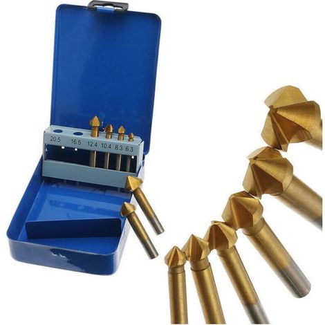 Ensemble forets à fraiser - Ensemble forets à fraiser à 90 degrés HSS, fraise à chanfreiner pour le travail du bois en métal, foret à chanfreiner revêtu titane HSS 6.3-20.5mm, 6pcs(Blue Iron Bo (1/4)