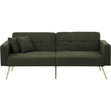 Divano letto convertibile verde scuro con gambe dorate, cuscini e tasche laterali (1/5)