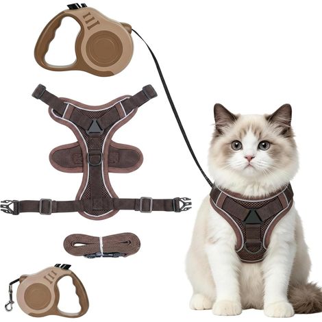 Lot de 2 harnais pour chat avec laisse, anti-évasion, harnais pour chat avec laisse pour promenades nocturnes sûres, marron avec laisse réglable (1/5)