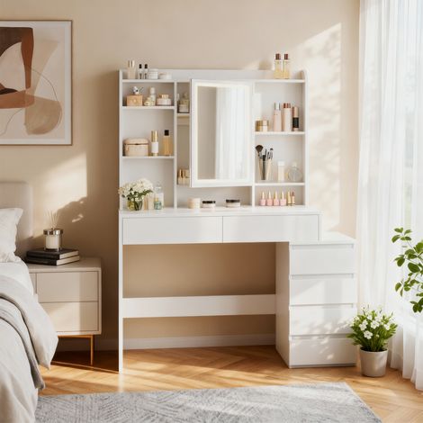 Coiffeuse, avec Grand Miroir LED à Luminosité Réglable, 40 x 118,3 x 145 cm, Blanc (1/5)