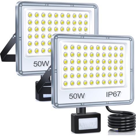 Projecteur LED Exterieur Detecteur de Mouvement 50W, 2 Pièce 5000LM 7000K Spot LED Extérieur Detecteur de Mouvement, IP67 Etanche Eclairage Exterieur pour Jardin, Patio, Garage