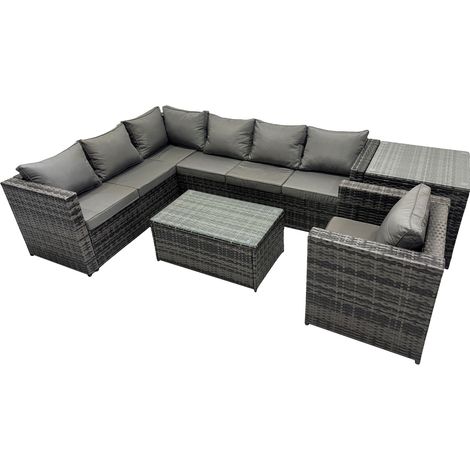 Fimous Outdoor Rattan Rectangular Coffee Table Corner Sofa Sets Garden Furniture Set with Side Table Dark Grey Mixed (1/5)