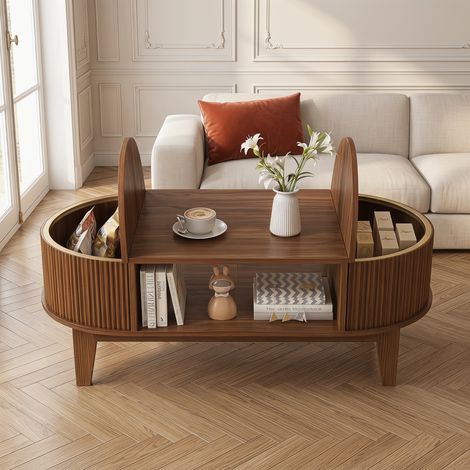 Table basse fixe 100 x 50 x 40.5 cm, Table basse ovale avec rangement caché, Surface facile à entretenir, Style Vintage & Moderne pour salon (1/4)