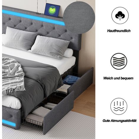 Tissu pour lit double, 160 x 200 cm, gris foncé, lampe de chevet avec câble USB long et applique murale à 4 tiroirs en fer. (1/5)