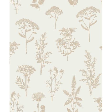 Papier peint herbier fleurs beige minimaliste (1/3)