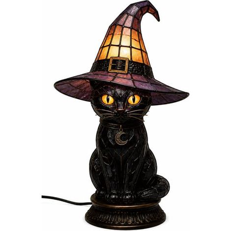 Lampe gothique d'Halloween avec chapeau de sorcière, lampe de table décorative style vintage, veilleuse LED pour chambre, étagère et table, chat noir (1/5)
