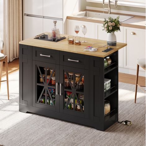Isola cucina 120 cm con piano ribaltabile, prese AC/USB, ante in vetro e ruote con freno (1/5)