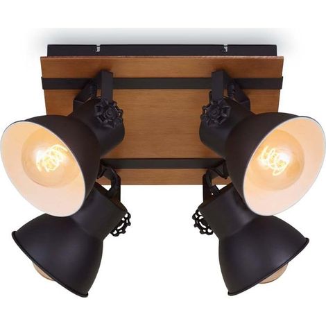 Plafonnier rétro avec 4 spots en bois style vintage E27 max. 40 W avec abat-jour réglable en bois Noir/blanc (1/5)