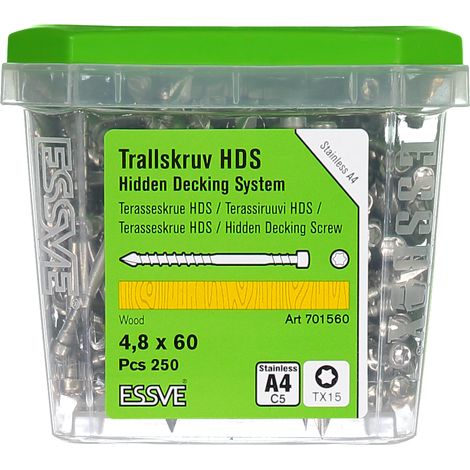 Tornillos para tarimas ESSVE HDS PRO para montaje oculto en madera, tamaño A4, 4,8 x 60 mm, 250 unidades. (1/2)