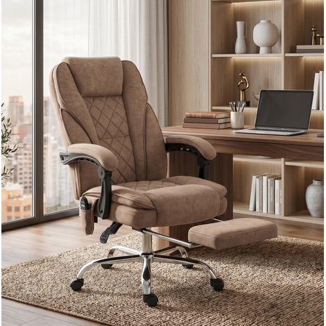Silla de oficina con masaje de 6 puntos, reposapiés, reclinable 135°, marrón HAVRYA (1/5)