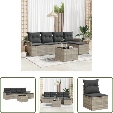 vidaXL Poly-Rattan - Outdoor-Sofa mit Kissen 6 pcs Hellgrau Poly-Rattan (1/5)