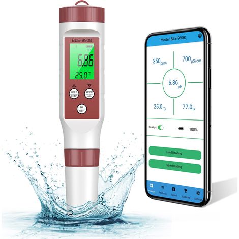 Mètre PH Piscine Numérique 4 en 1, Bluetooth Piscine Testeur D'eau Mesure TDS EC TEMP pH de Haute Précision 0-14 Phmètre de Qualité de l'eau pour Piscines Aquariums Hydroponiques et Spa (1/5)