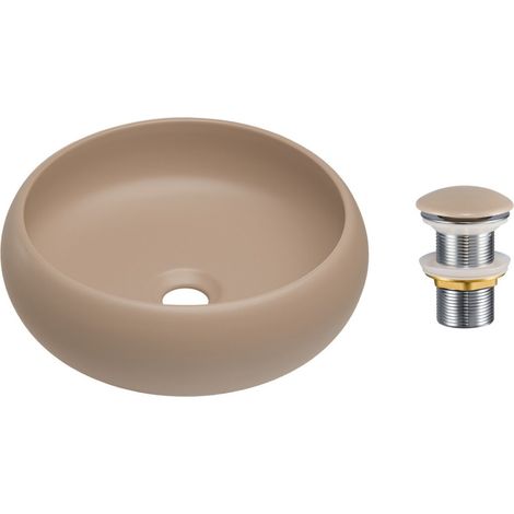 Aufsatzwaschbecken rund 36 cm Cappuccino mit Klick-Klack-Ablauf beige