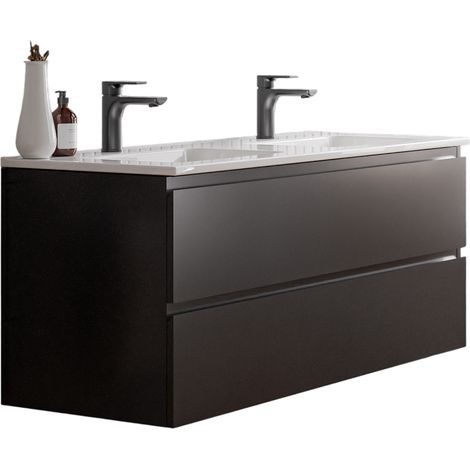 Bernstein – Meuble double vasque suspendu salle de bain 120x46x50cm – MDF noir mat – Lavabo céramique blanc brillant – 2 tiroirs avec soft-close