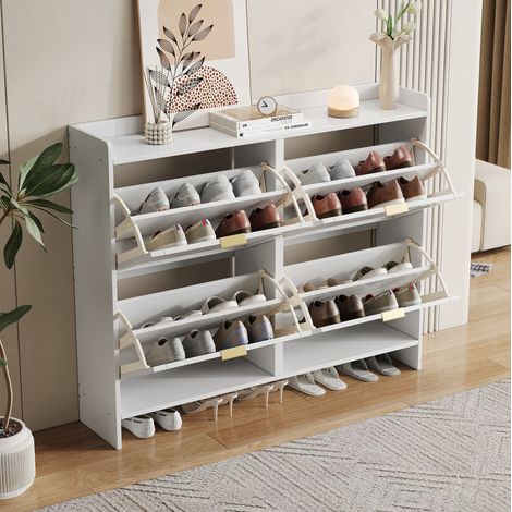 Scarpiera in truciolare bianco 110 x 24 x 90 cm, 4 scomparti a ribalta, ripiani regolabili e vani aperti (1/5)