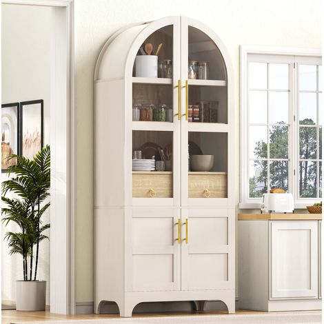 Highboard (76x40x180 cm), mit verstellbaren Einlegeböden und Schublade, Riffelglas, MDF und Glas, Weiß (1/5)