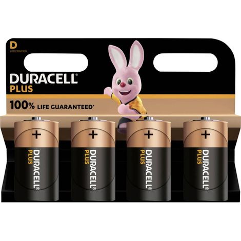 Pile alcaline Duracell Plus-D 1.5V – Lot de 4 – Longue durée pour appareils photo, jouets et lampes de poche