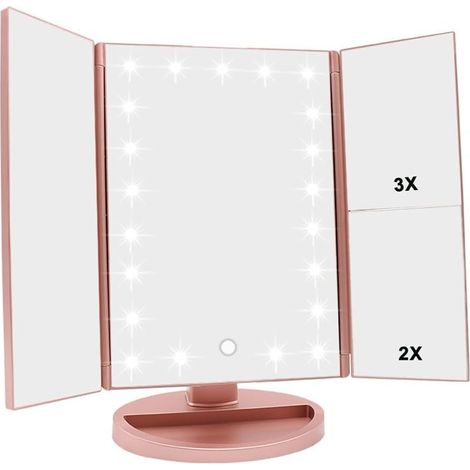 Miroir de maquillage avec 21 LED, écran tactile réglable et grossissement x1/x2/x3, miroir de voyage rechargeable (rose) (1/5)