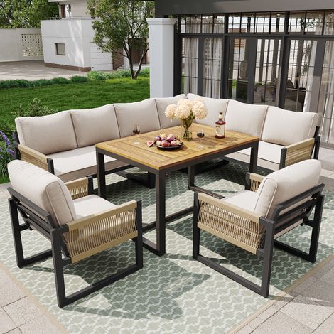 Ensemble de canapés jardin 8 places, avec table à manger, mobilier jardin, métal, beige (1/5)
