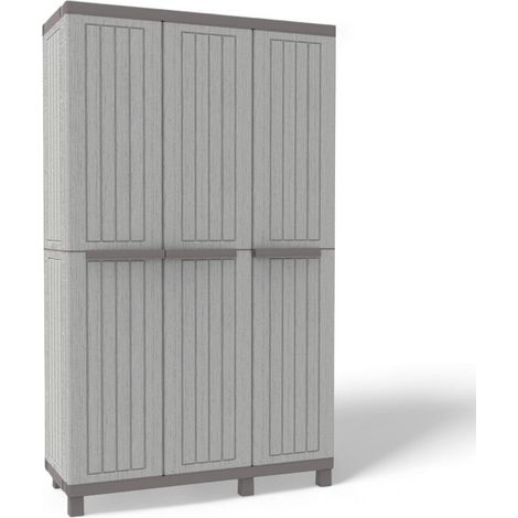 Escobero alto con estantes regulables en plástico gris efecto madera tres puertas 102 cm de ancho apertura hasta 180 grados