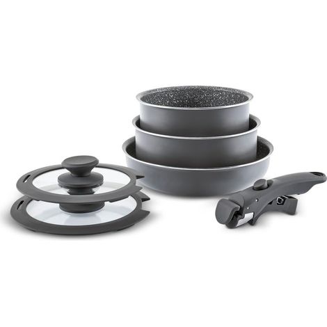 Lot de 6 poêles en granit antiadhésives avec couvercles en verre, ustensiles de cuisine résistants aux rayures, 1 poignée amovible, casserole à induction et poêle à frire, noir (1/5)