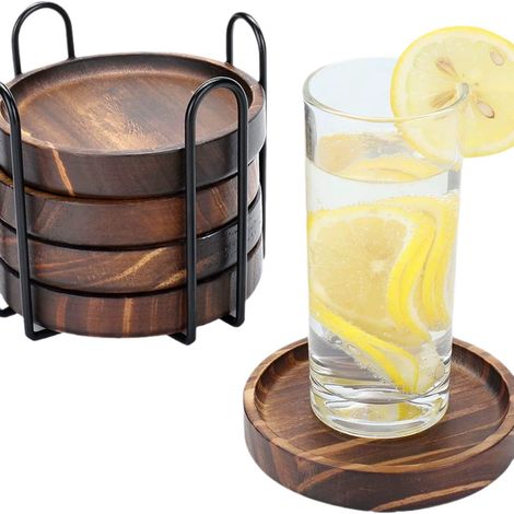 LYERCW - Dessous de verre en bois avec support en fer, lot de 5, pour verres, protection de table pour tout type de table (1/3)