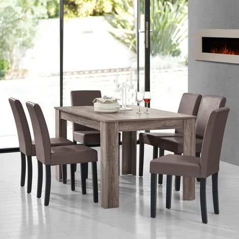 Mesa de comedor + 6 sillas Forssa MDF y polipiel 140x90x77cm - Roble antiguo + Marrón [en.casa] (1/5)