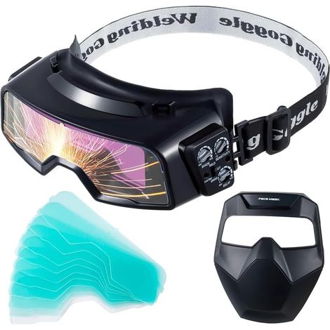 Lunettes de Soudage à Obscurcissement Automatique, Large Gamme de Teintes 4/5-9/9-13, Lunettes de Soudage avec Masque de Soudeur et 10 Verres de Rechange (1/5)