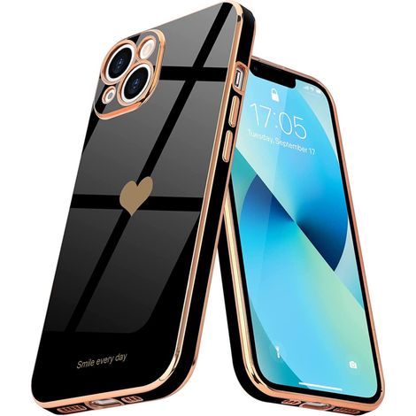 Coque pour iPhone 13 pour femme – Motif cœur pailleté, plaquée électrolytique, cadre en silicone souple antichoc, protection de l'appareil photo, noire (1/2)
