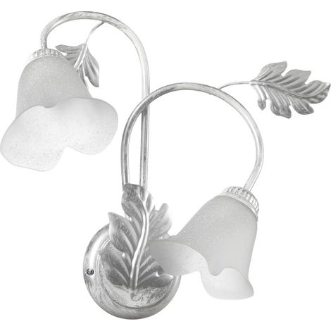 Applique murale 2 bras en métal blanc avec nuances argent. Abat-jour en verre blanc satiné