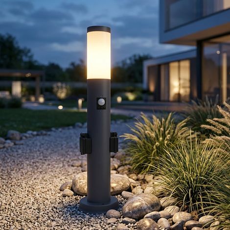 Außenleuchte LED Stehleuchte mit Bewegungsmelder Edelstahl Wegeleuchte Sockelleuchte Gartenleuchte anthrazit, mit 2 Steckdosen, IP44, 1x 11W 1055lm warmweiß, DxH 13,1x60 cm